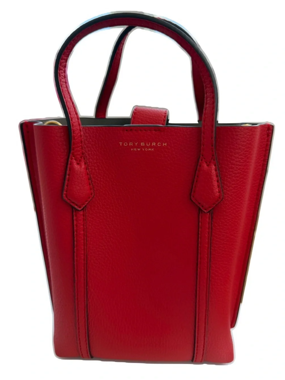 Tory Burch Red Pebbled Mini Tote with Gold Logo Accent